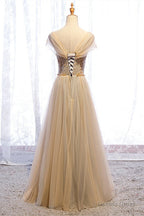 A Line Cap Sleeves Champagne Prom Dresses