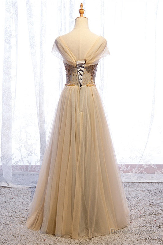 A Line Cap Sleeves Champagne Prom Dresses