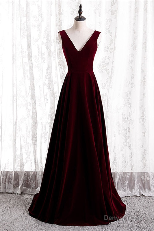 Burgundy V-Neck Velvet Formal Dress