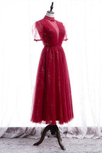 Elegant Puff Sleeeves Red Tulle Prom Dresses