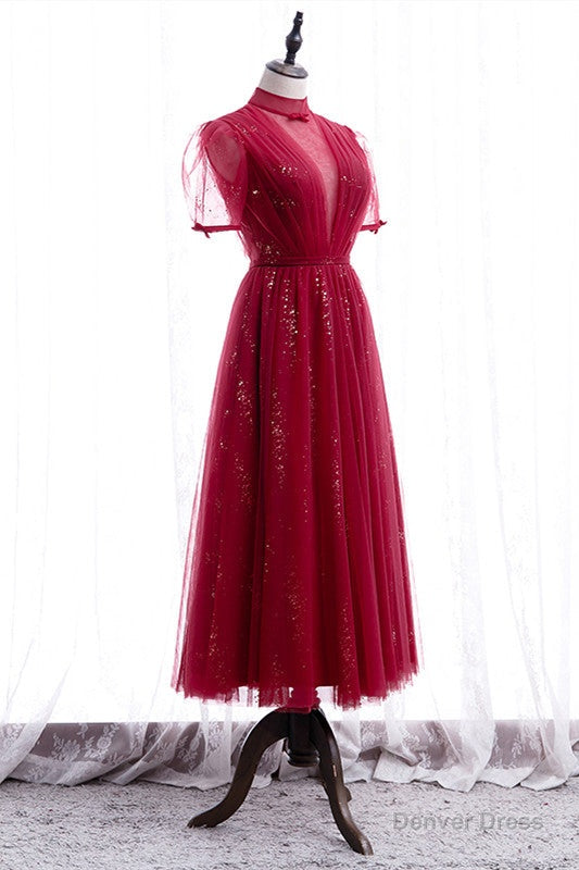 Elegant Puff Sleeeves Red Tulle Prom Dresses