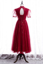 Elegant Puff Sleeeves Red Tulle Prom Dresses
