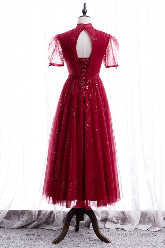 Elegant Puff Sleeeves Red Tulle Prom Dresses