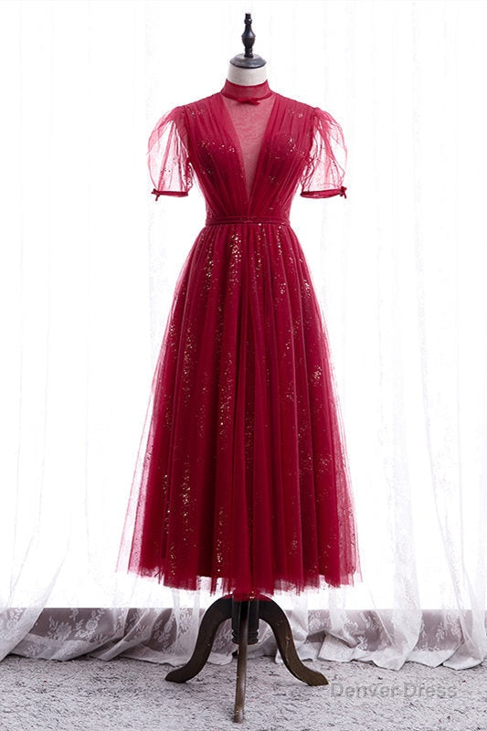 Elegant Puff Sleeeves Red Tulle Prom Dresses