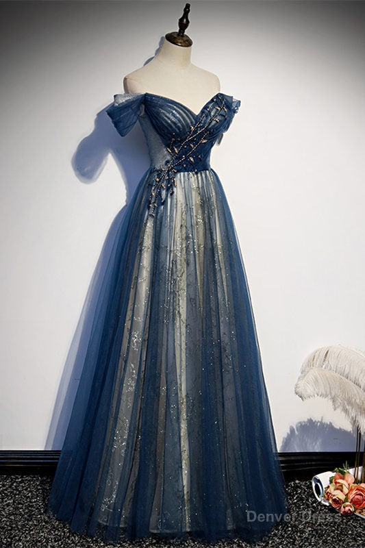 A-Line Off the shoulder Navy Blue Formal Dress Secondary image