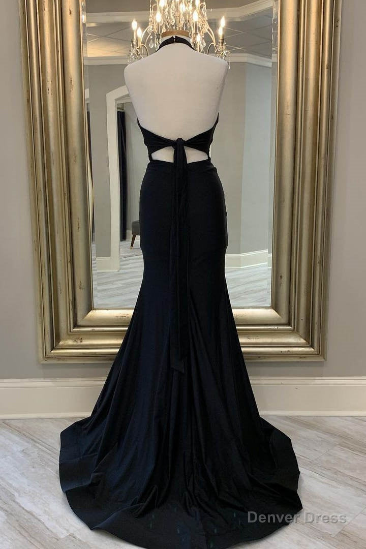 Mermaid Halter Black Long Prom Dresses