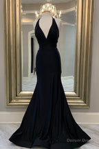 Mermaid Halter Black Long Prom Dresses