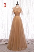 A-Line Beaded Champagne Tulle Bridesmaid Dresses