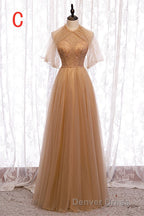 A-Line Beaded Champagne Tulle Bridesmaid Dresses