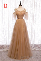 A-Line Beaded Champagne Tulle Bridesmaid Dresses
