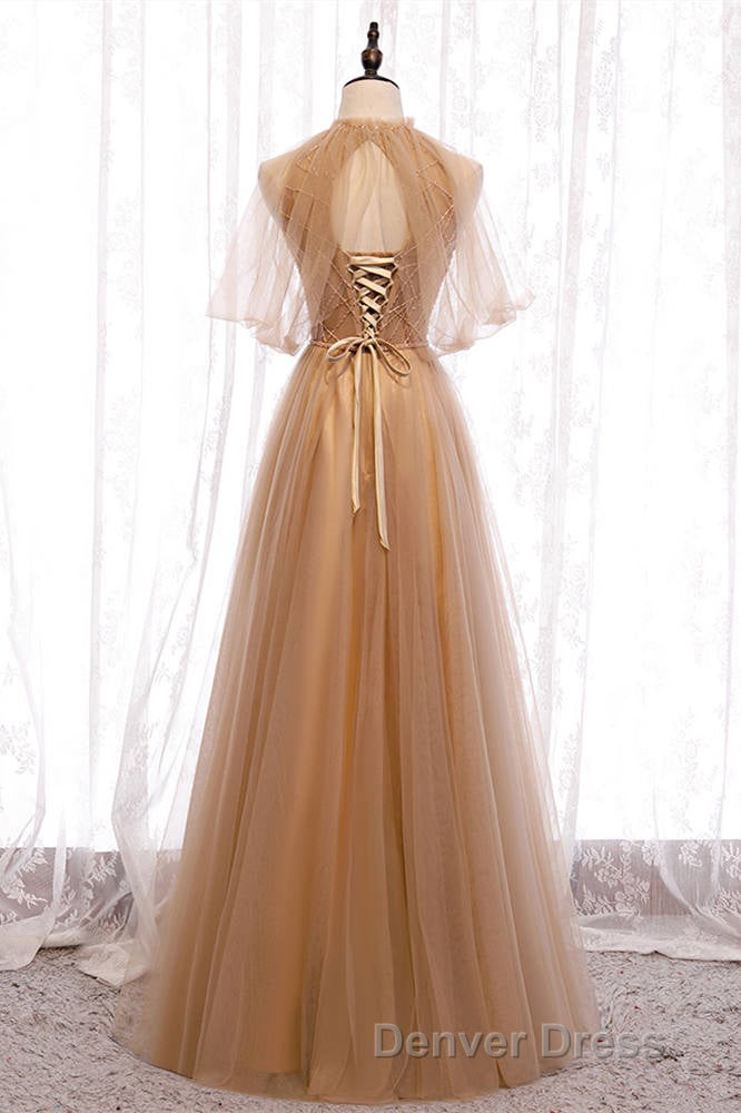 A-Line Beaded Champagne Tulle Bridesmaid Dresses Secondary image