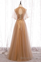 A-Line Beaded Champagne Tulle Bridesmaid Dresses