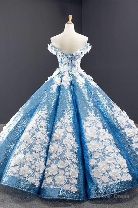 Off the Shoulder Blue and White Ball Gown Main image