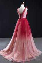 Ombre Red A Line Tulle Long Prom Dresses