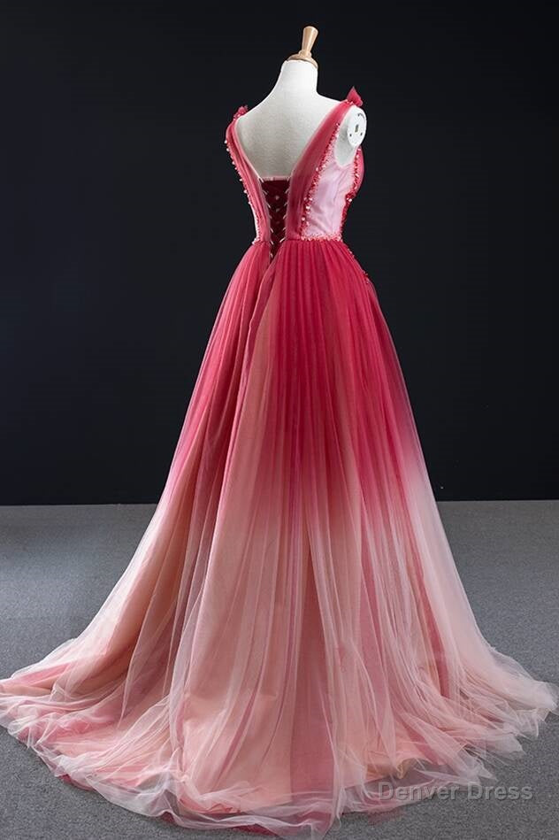 Ombre Red A Line Tulle Long Prom Dresses