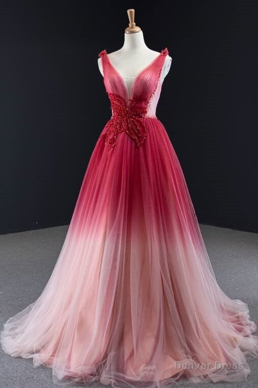 Ombre Red A Line Tulle Long Prom Dresses