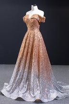 Off the Shoulder Gold and Silver Ombre Sequins Prom Dresses
