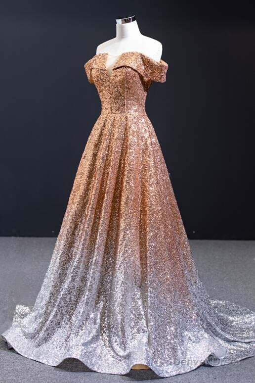 Off the Shoulder Gold and Silver Ombre Sequins Prom Dresses