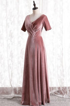 Blush Velvet Long Party Dress with Short Sleeves