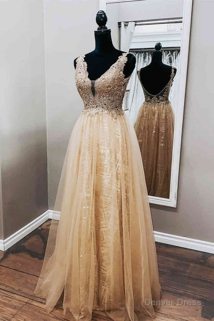 A Line Champagne Tulle Prom Dresses with Appliques Main image