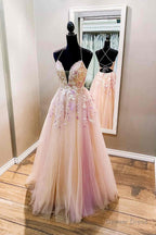 A Line Straps Pink Long Prom Dresses