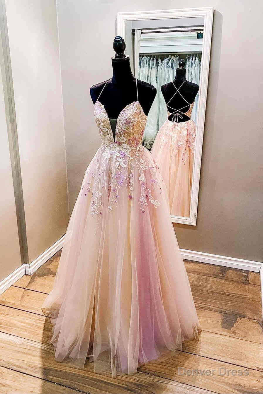 A Line Straps Pink Long Prom Dresses