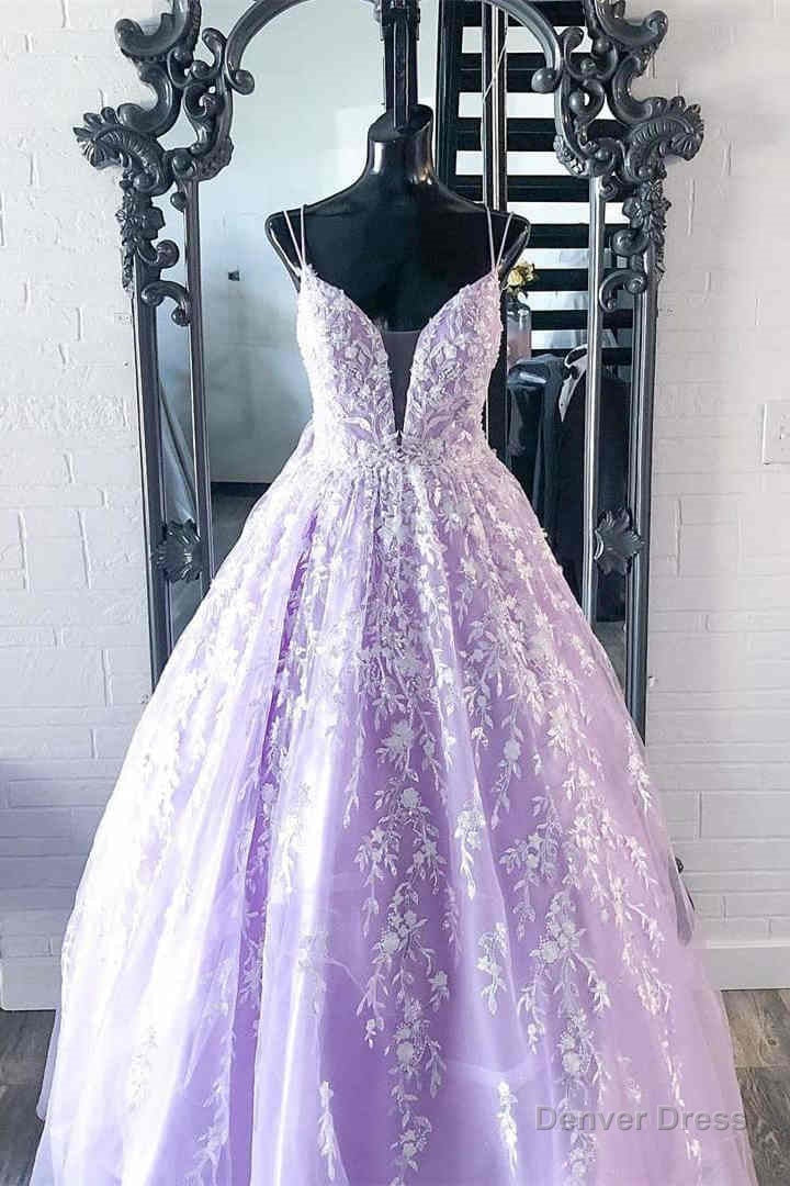 Elegant Straps Lace Appliques Lavender Prom Dresses Main image