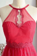 A Line Halter Hot Pink Long Bridesmaid Dresses
