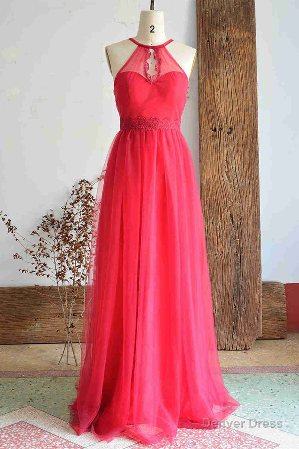 A Line Halter Hot Pink Long Bridesmaid Dresses