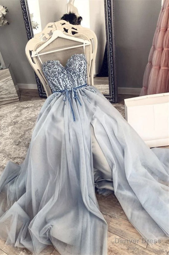 A-Line Grey Beaded Top Prom Dress with Slit Main image
