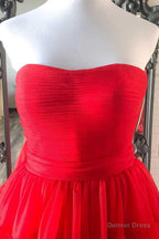 Strapless High Low Tiered Red Tulle Prom Dresses