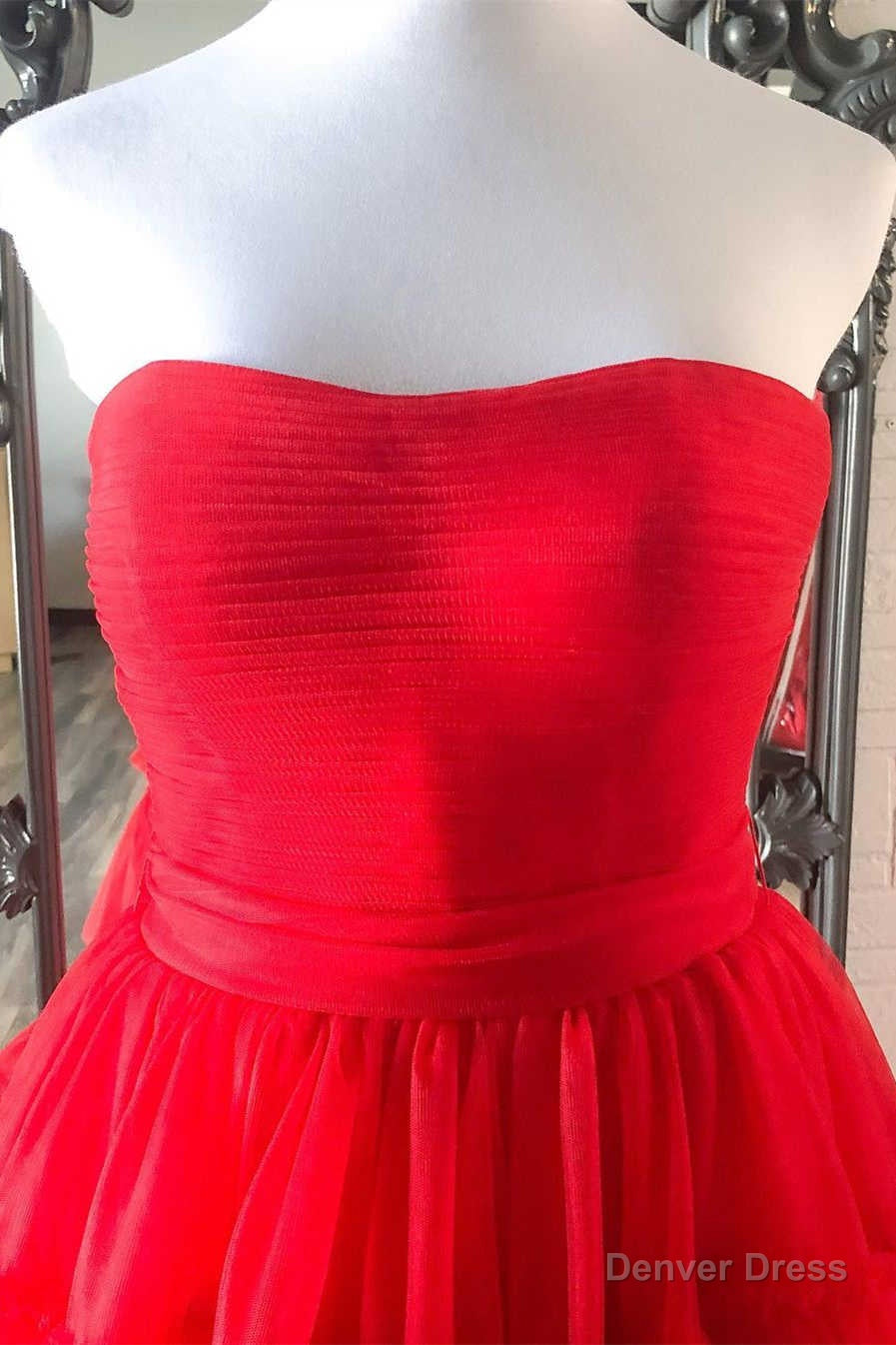 Strapless High Low Tiered Red Tulle Prom Dresses