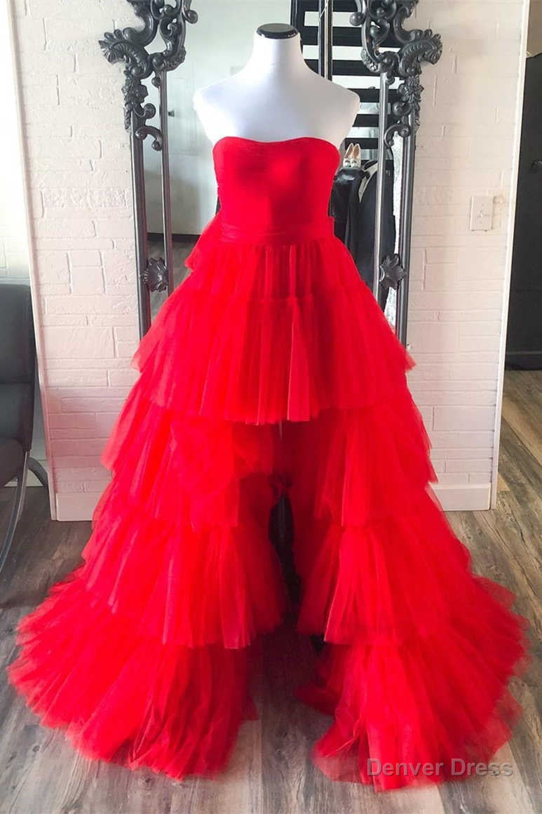 Strapless High Low Tiered Red Tulle Prom Dresses Main image