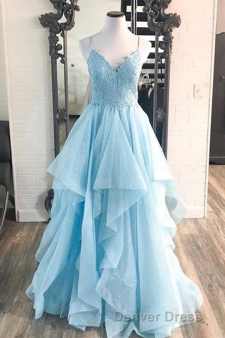 Elegant Light Blue Ruffled Tulle Prom Dresses – Denver Dress