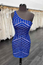 Tight One Shoulder Hot Pink Sequins Homecoming Dresses