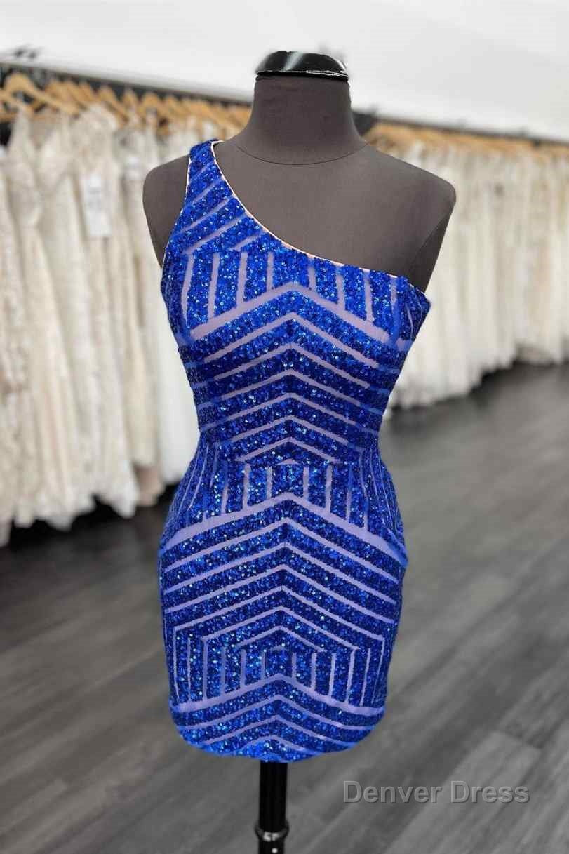 Tight One Shoulder Hot Pink Sequins Homecoming Dresses