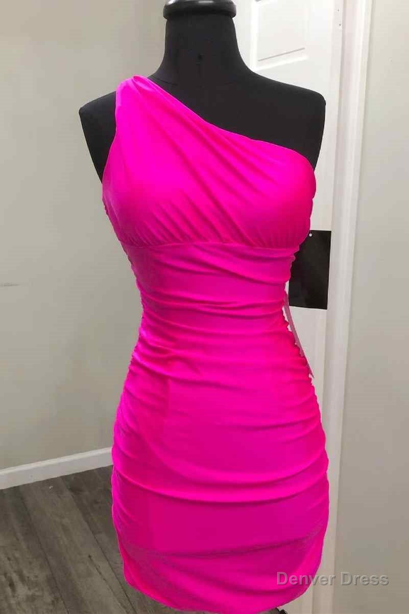 Tight One Shoulder Hot Pink Short Homecoming Dresses Main image