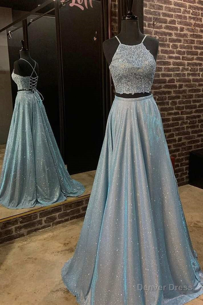 Two Piece Blue Long Formal Dress with Lace Top Main image