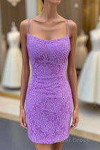 Lilac Lace Tight Mini Prom Dresses
