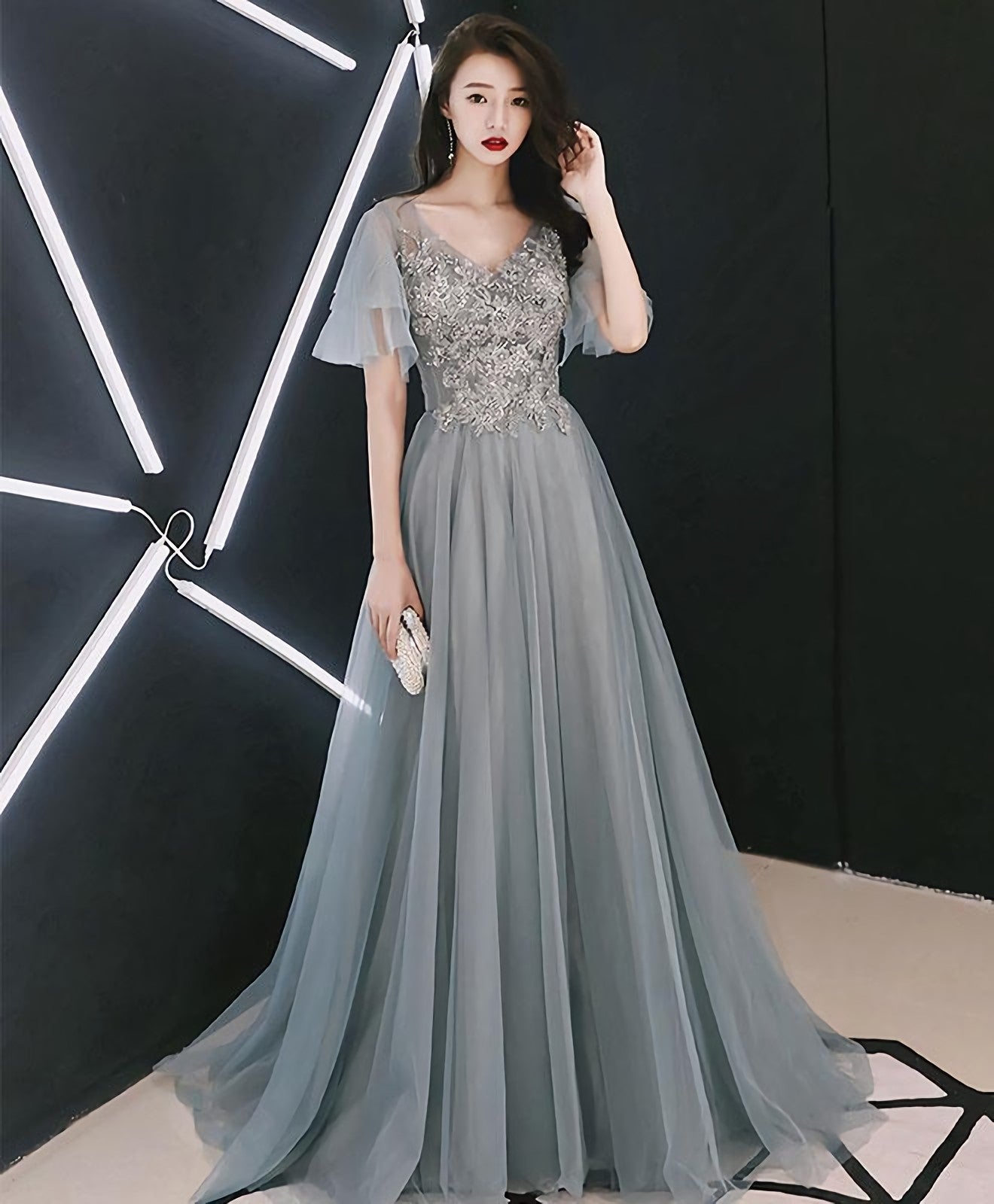 Gray V Neck Cap Sleeve Tulle Lace Long Prom Dress