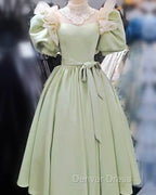 80S Style Puffy Sleeve Lace High Neck Midi Dresses