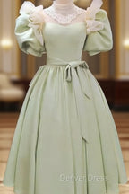 80S Style Puffy Sleeve Lace High Neck Midi Dresses