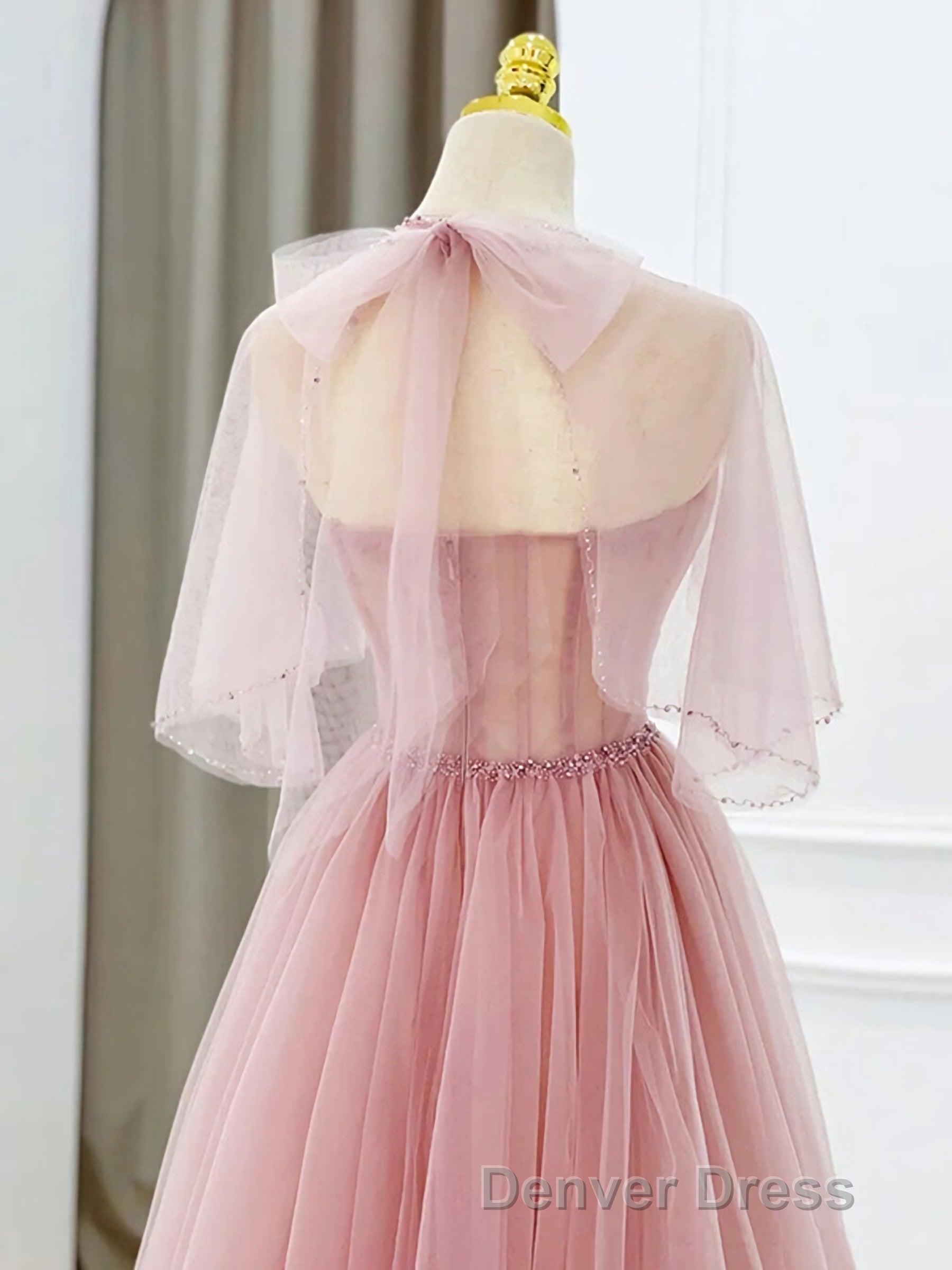 Pink Tulle Tea Length Prom Dresses, Pink Tulle Formal Dresses Secondary image
