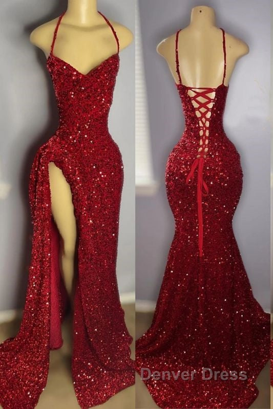 Red Sequins Prom Dress with Slit Shiny Floor Length Prom Dresses Secondary image