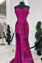 Fuchsia Sequin Strapless Mermaid Long Prom Dresses with Slit