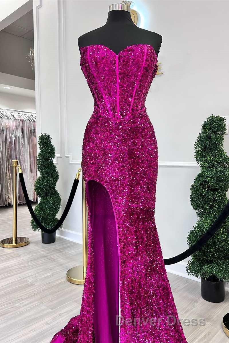 Fuchsia Sequin Strapless Mermaid Long Prom Dresses with Slit