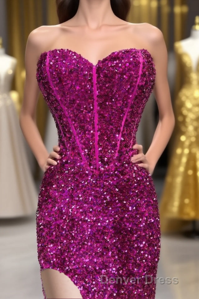 Fuchsia Sequin Strapless Mermaid Long Prom Dresses with Slit Main image