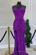 Fuchsia Sequin Strapless Mermaid Long Prom Dresses with Slit