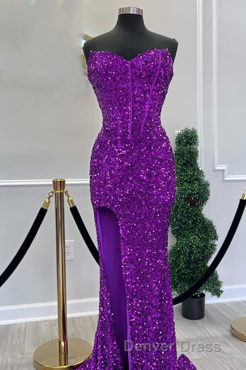 Fuchsia Sequin Strapless Mermaid Long Prom Dresses with Slit
