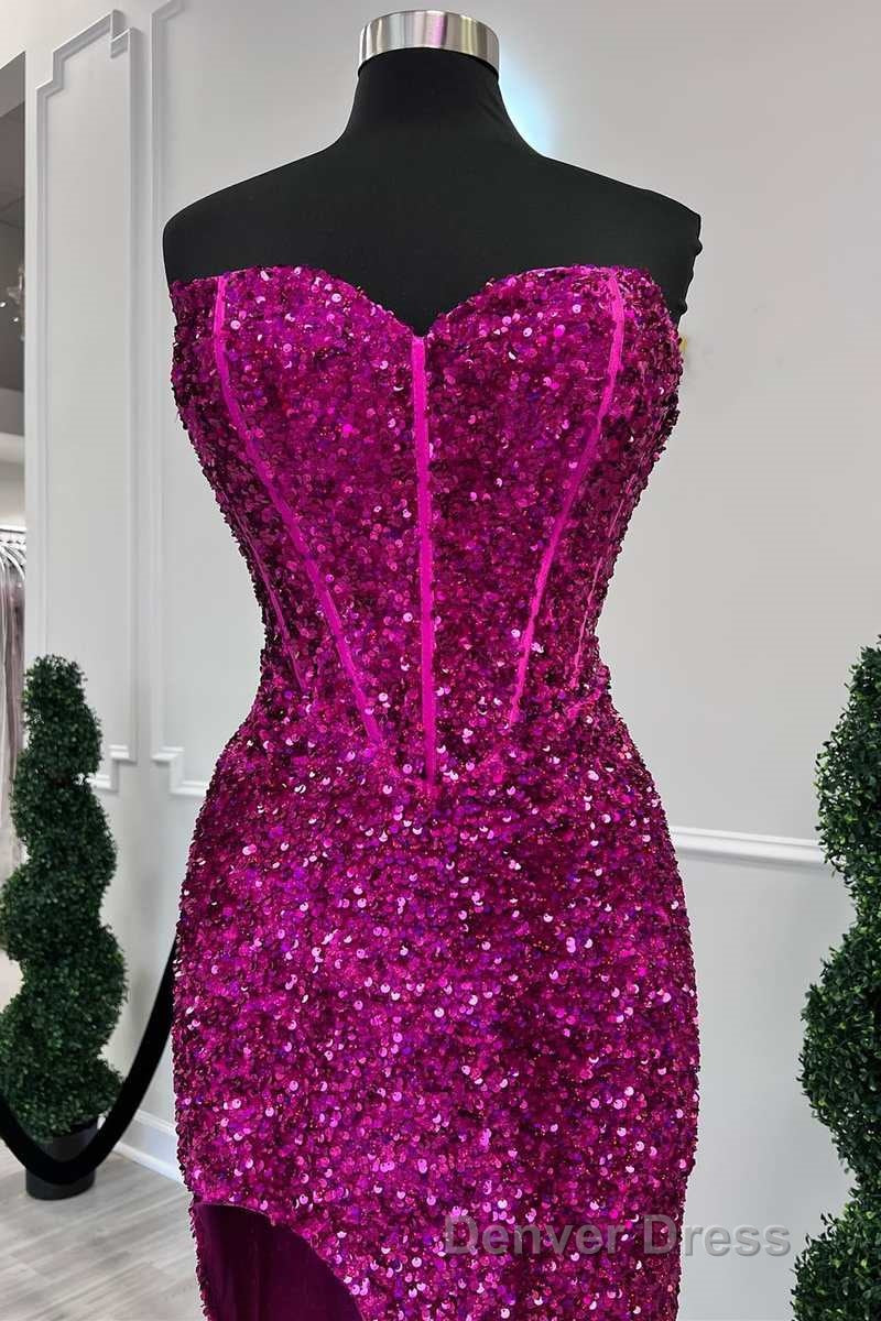 Fuchsia Sequin Strapless Mermaid Long Prom Dresses with Slit Secondary image